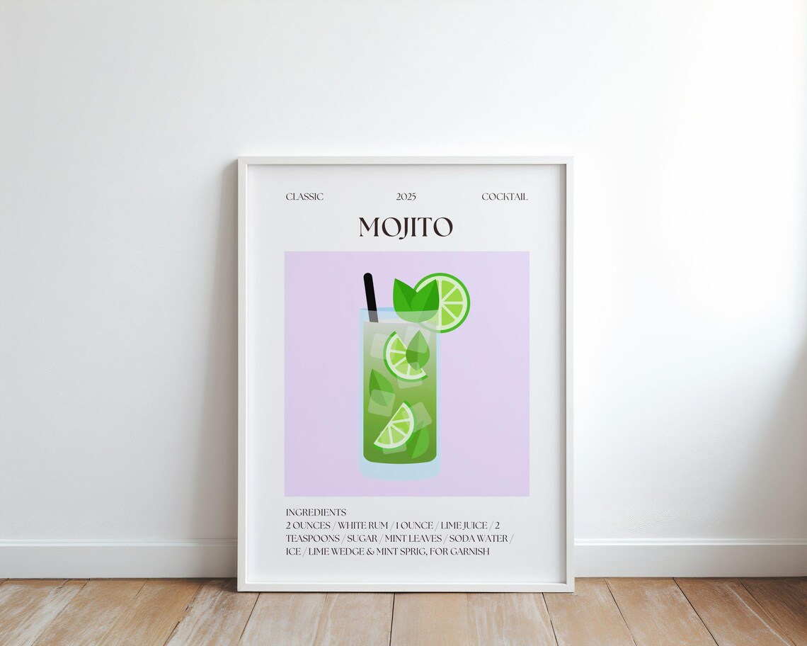 Mojito Classic Cocktail Recipe 2025 Green Mint Bar Cart Print