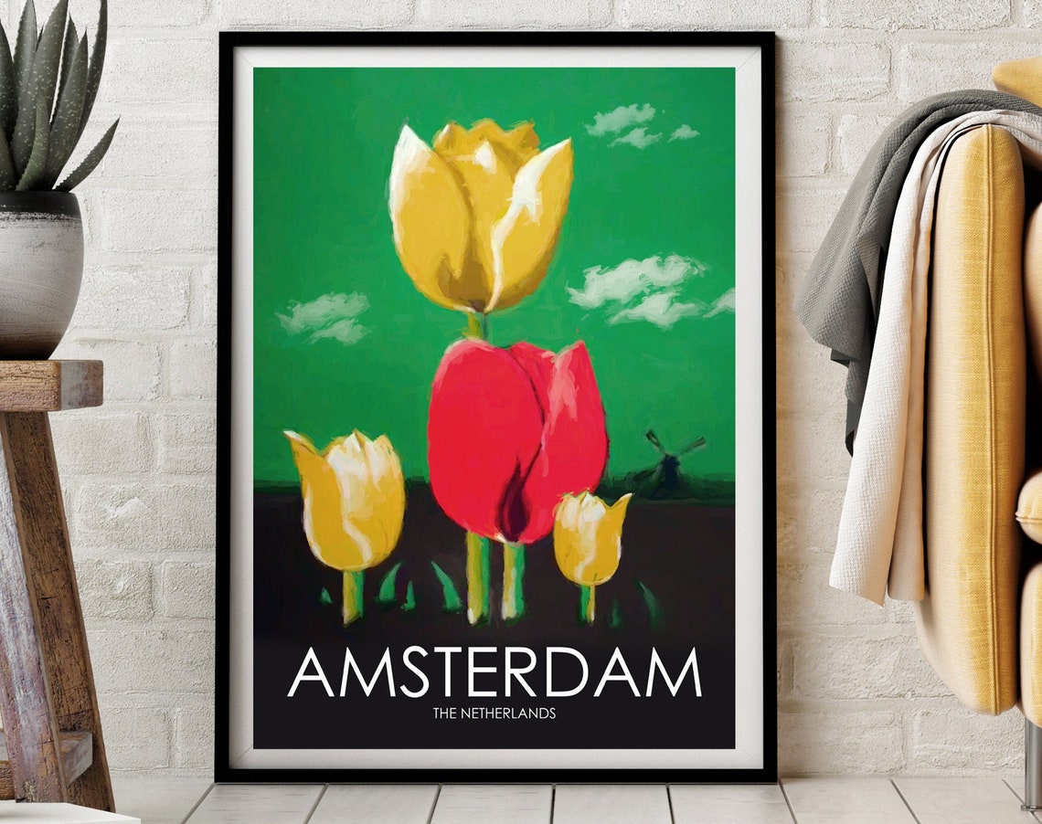 Amsterdam Netherlands Tulips Windmill Dutch Retro Travel Poster