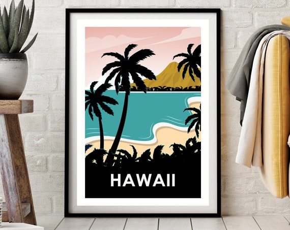 Hawaii Retro Travel Poster, Living Room Art Print