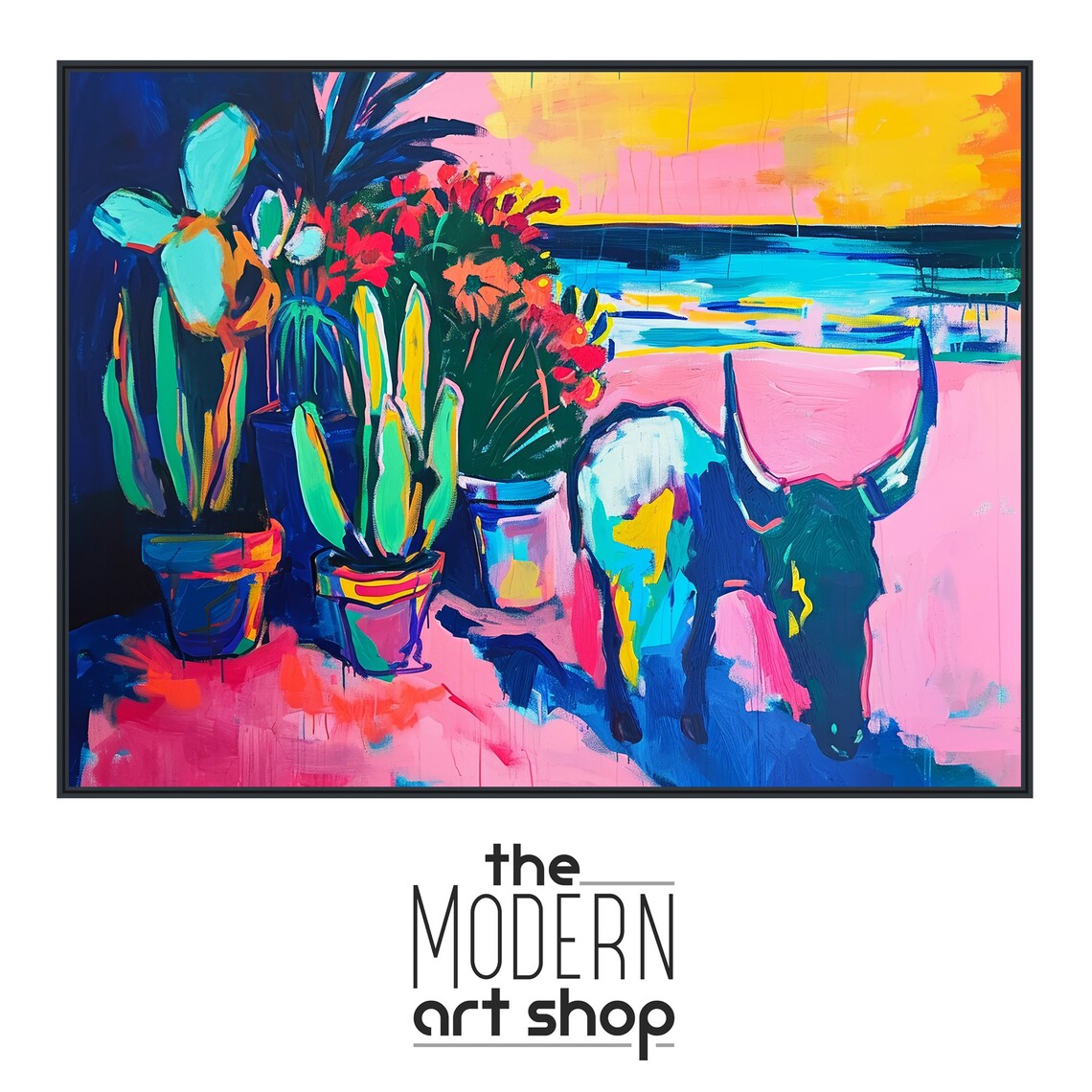 Southwestern Bull And Cactus, Western Art Print - Image 4
