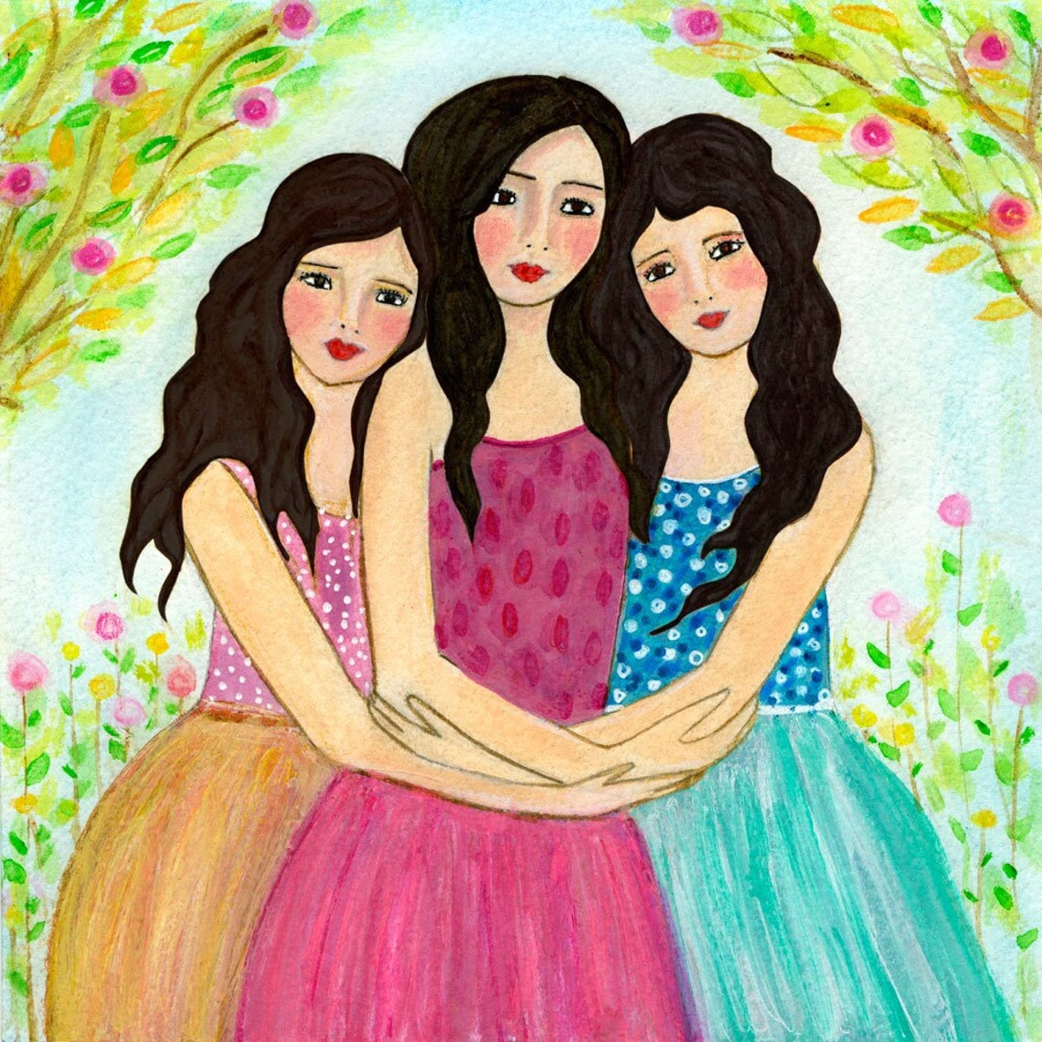 Three Dark Haired Sisters Embracing in a Flower Garden Art Poster