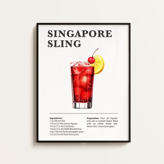 Singapore Sling Recipe Cocktail Art Print, Bar Decor