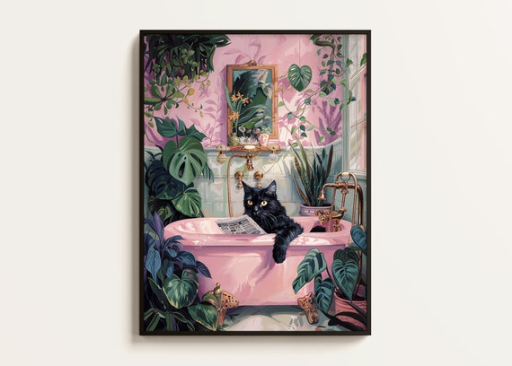Black Cat Reading Newspaper, Vintage Humor Poster