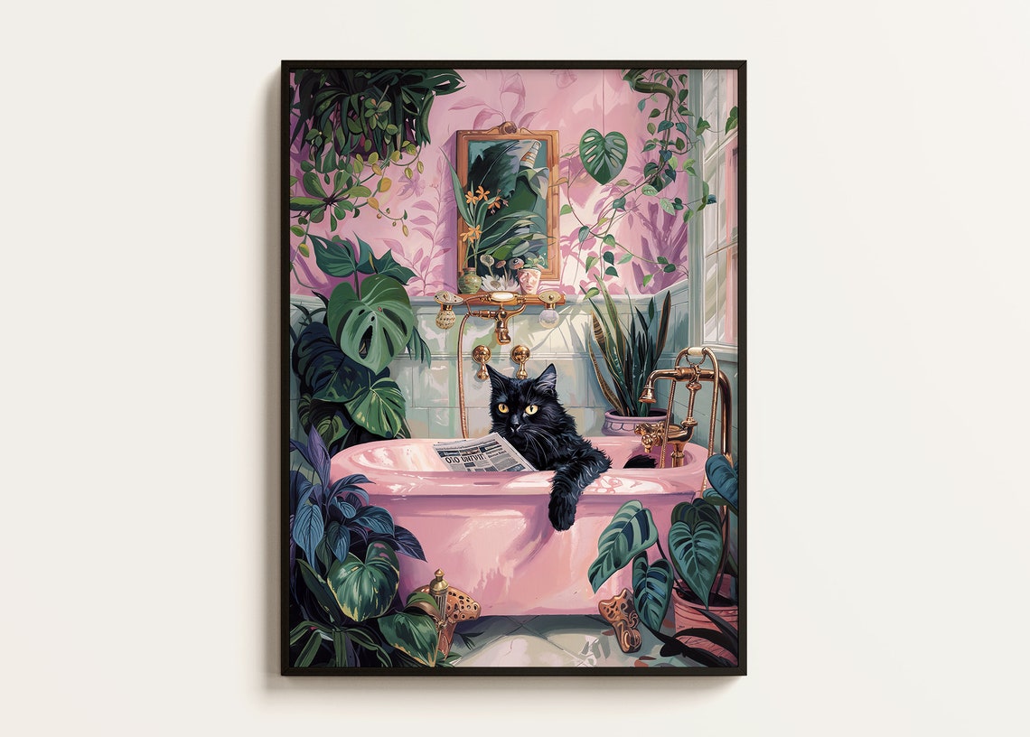 Black Cat Reading Newspaper, Vintage Humor Poster