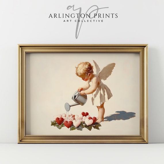Cute Vintage Valentine Cupid Print Nursery Wall Art Romantic Home Decor Country Cottage Prints Cottagecore Home Decor