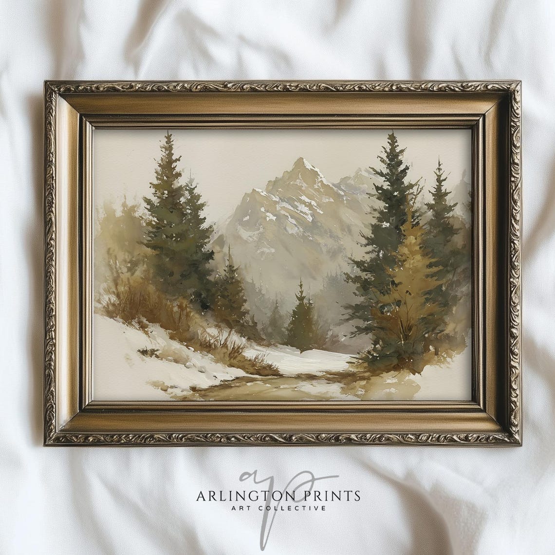 Neutral Winter Mountain Landscape Watercolor Pine Forest Art Poster