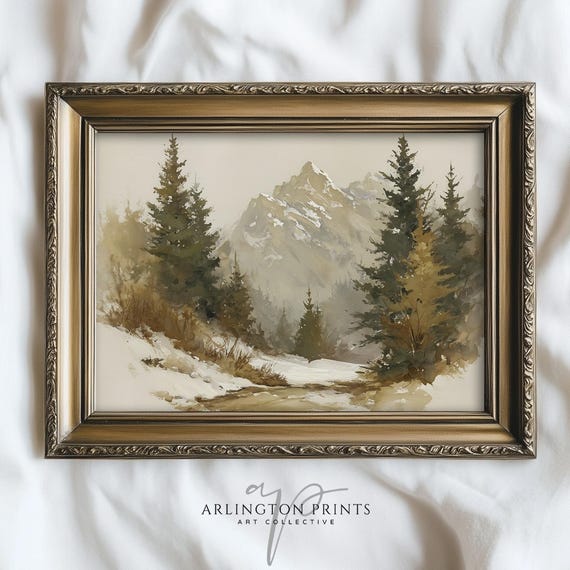 Neutral Mountain Landscape Painting Winter Forest Watercolor Wall Art Rustic Nature Artwork B45
