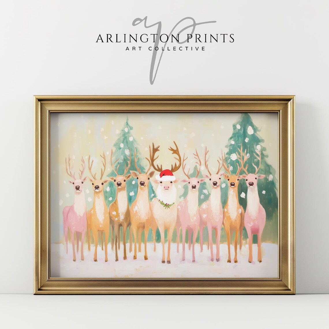 Pastel Reindeer Herd Christmas Santa Hat Cute Holiday Wall Art