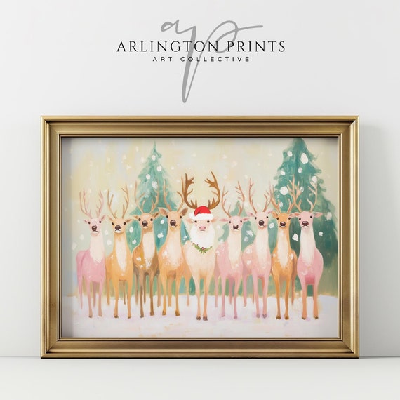 Cute Kids Room Santas Reindeer Wall Art Christmas Rudolph Pink Pastel Winter Decor Painting Holiday Nursery