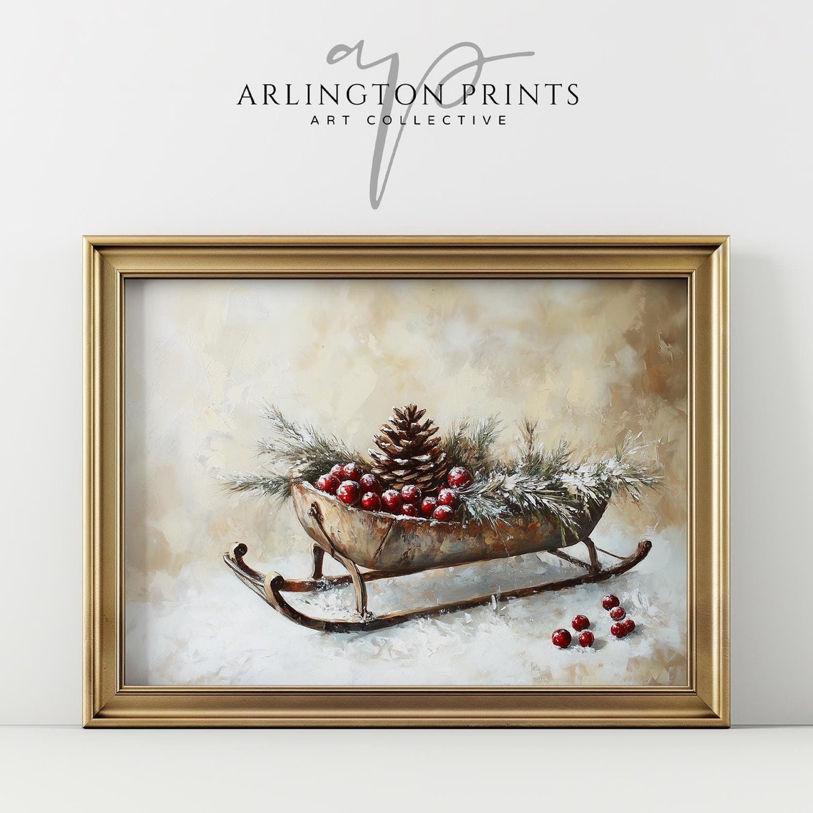 Antique Wooden Sled Pinecones Red Berries Frosted Pine Winter Poster