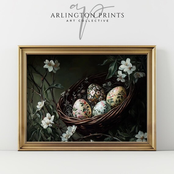 Floral Easter Eggs In Wicker Basket With White Blossoms Poster