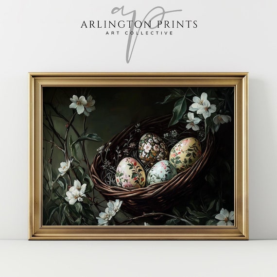 Moody Vintage Floral Eggs Print Muted Easter Art Farmhouse Easter Egg Decor Dark Cottagecore Wall Art Moody Spring Home Decor