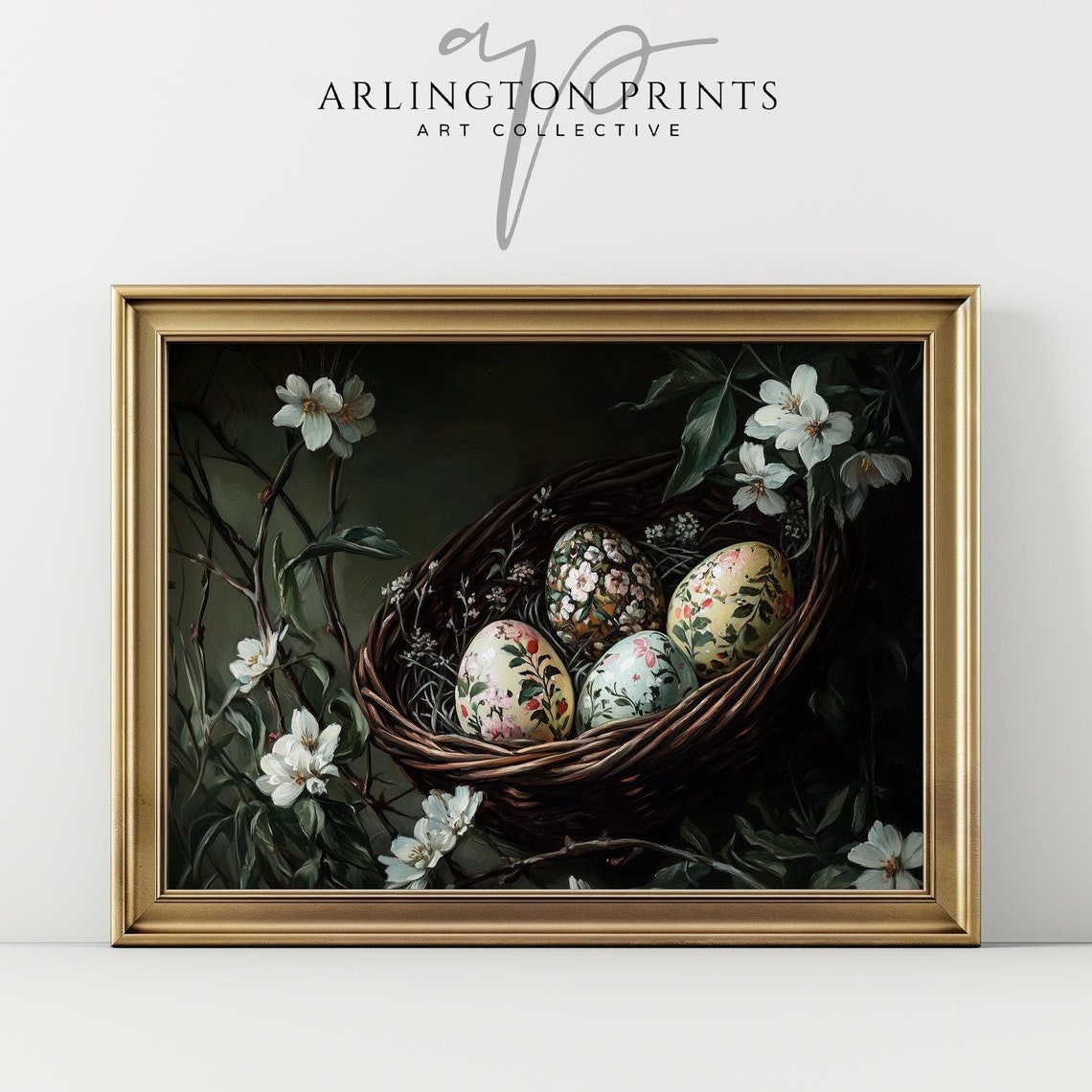 Floral Easter Eggs In Wicker Basket With White Blossoms Poster