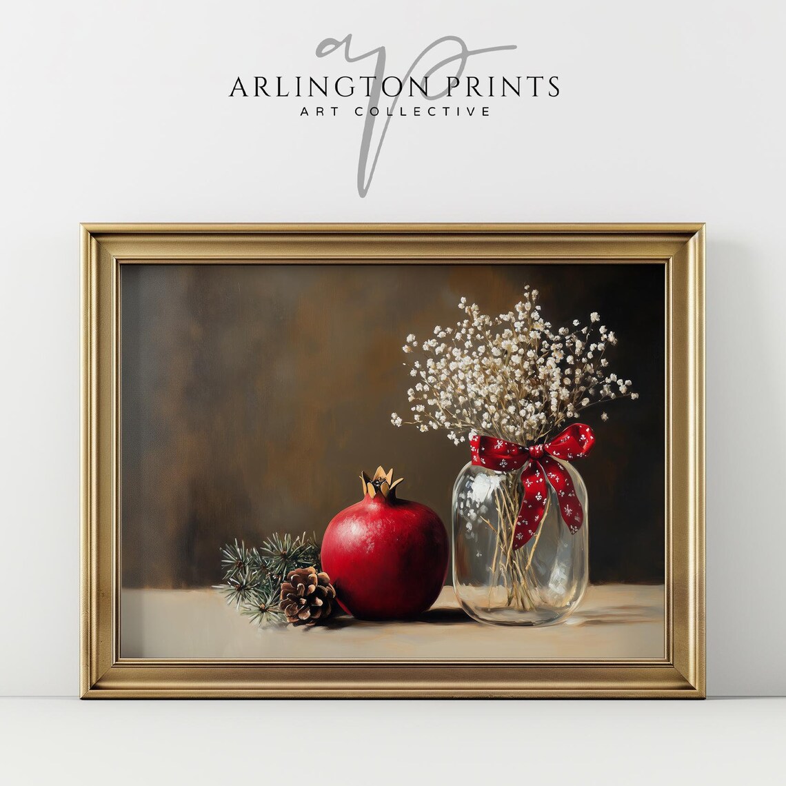 Red Pomegranate Baby Breath Still Life Vintage Holiday Wall Print