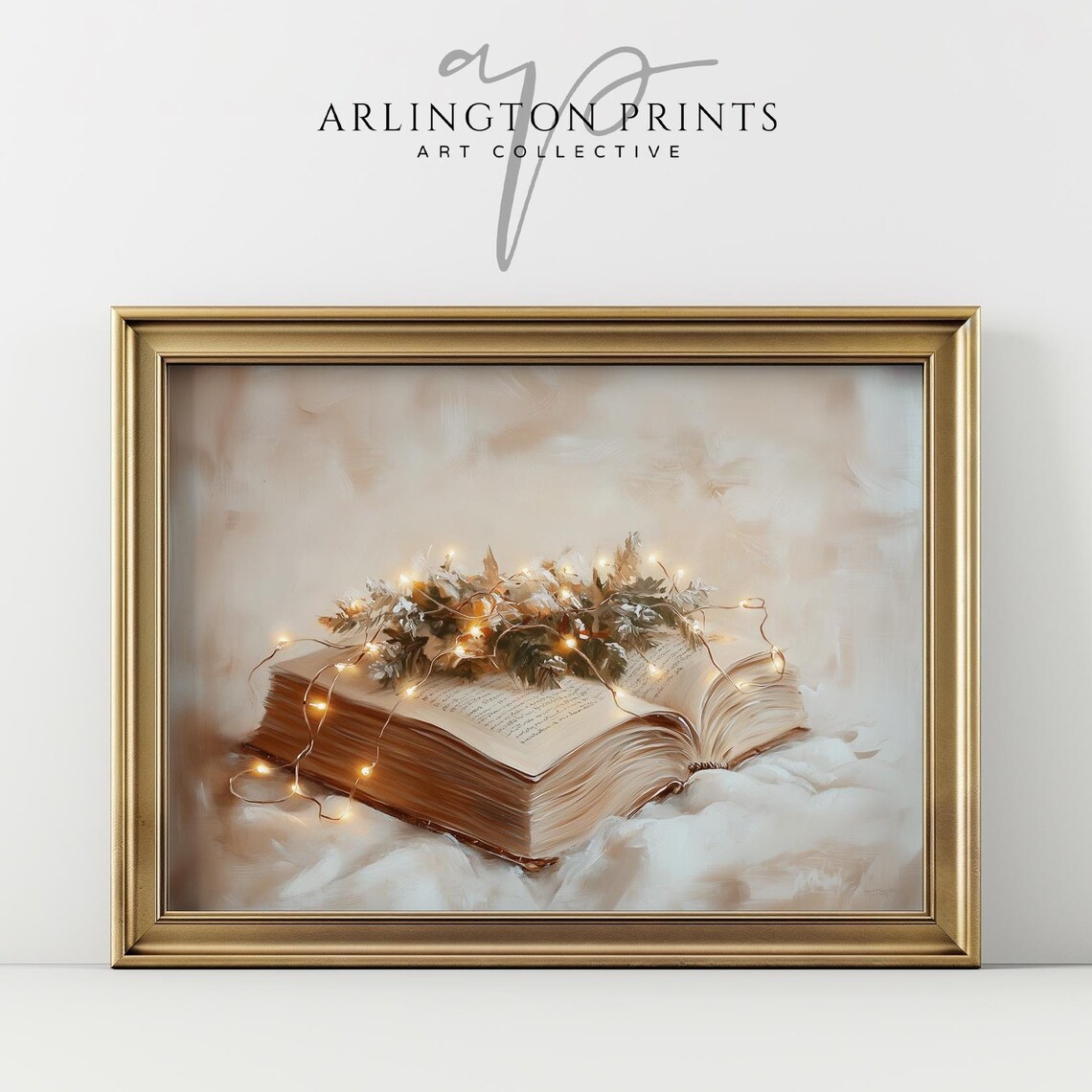 Open Vintage Book Fairy Lights Frosted Greenery Cozy Winter Poster