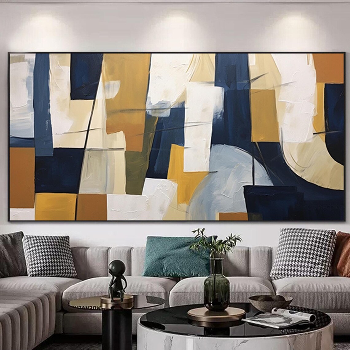 Navy Mustard Cream Geometric Abstract Blocks Panoramic Wall Art Poster