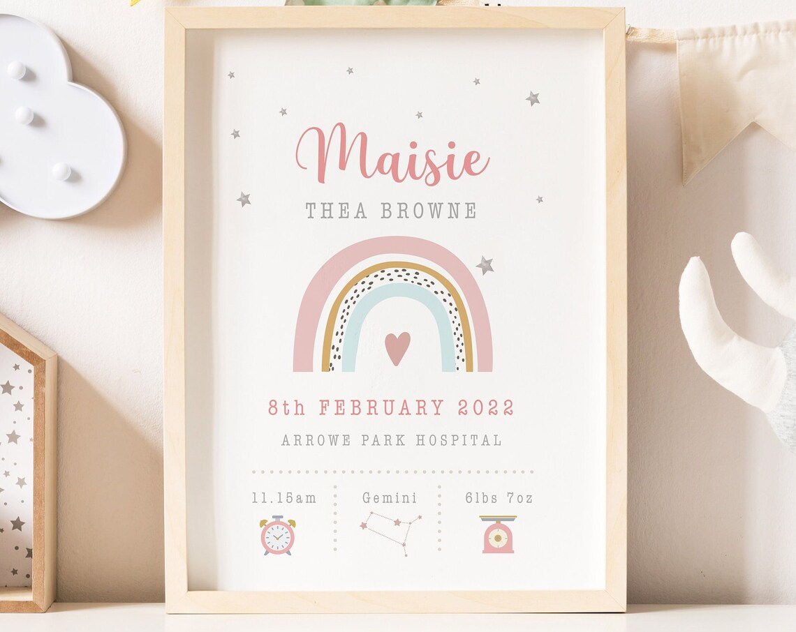 Personalised Rainbow Nursery Decor Birth Stats Print