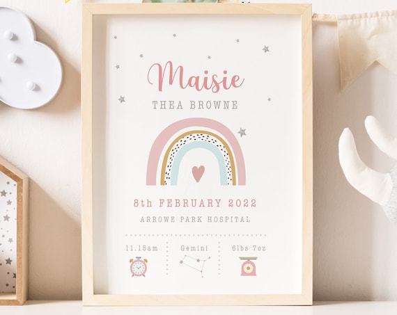 Personalised Rainbow Nursery Decor Birth Stats Print