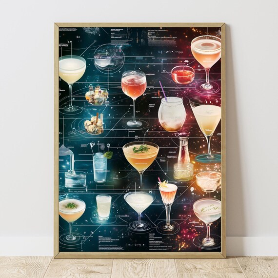 Retro Cocktail Recipe Chart Cosmic Blueprint Home Bar Mixology Guide Art Print