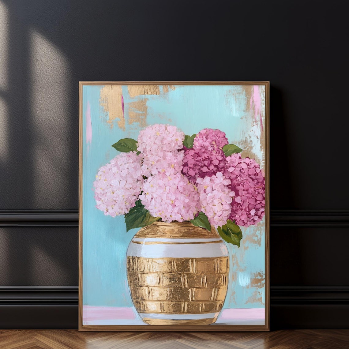 Pink Hydrangeas Gold Vase Blue Abstract Floral Maximalist Wall Art