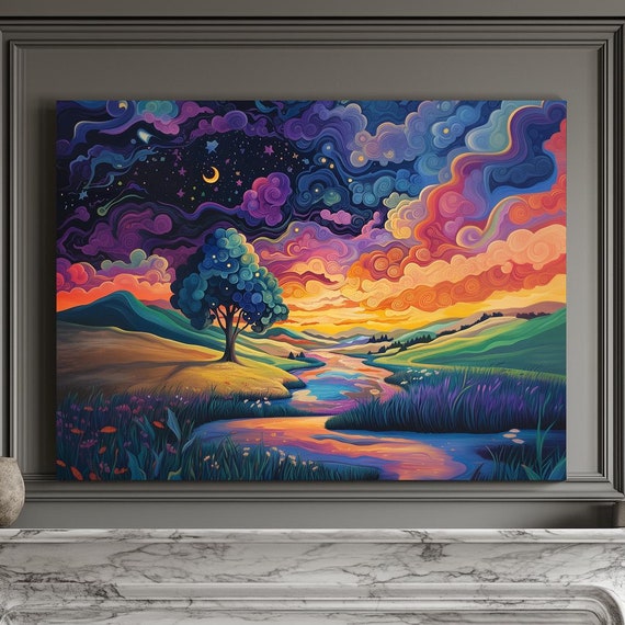 Evening Rolling Clouds Country Print Landscape Modern Painting Nature Calm Relaxing Wall Print Airbnb Art Wall Decor