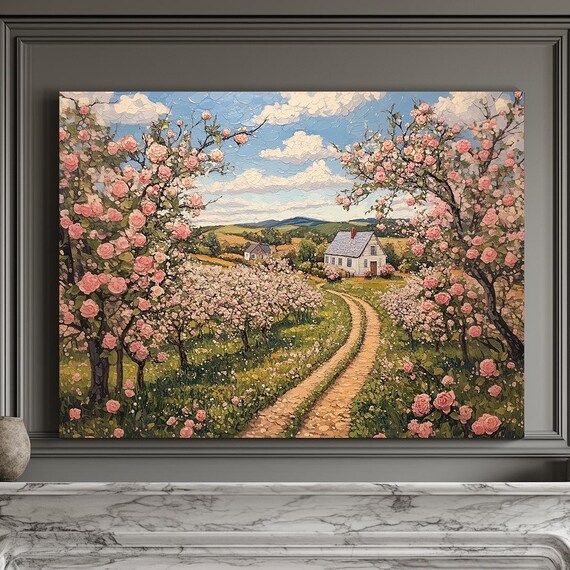 Blossoming Orchard Pink Blooms Rolling Hillside Farmhouse Print