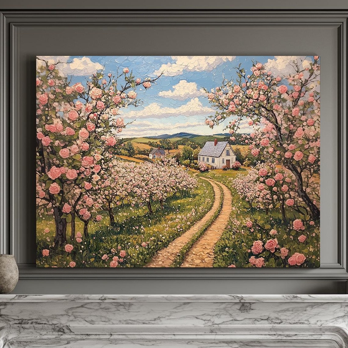 Blossoming Orchard Pink Blooms Rolling Hillside Farmhouse Print