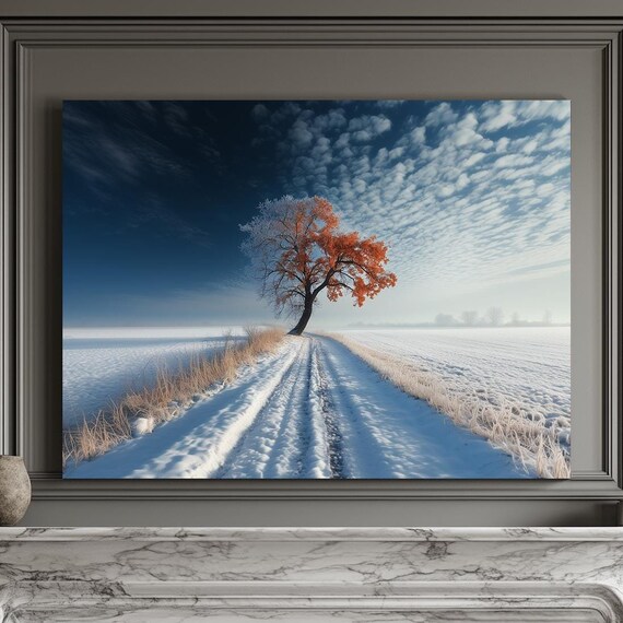 Single Orange Leafed Tree Standing In Snowy Field Under Dramatic Sky Wall Art