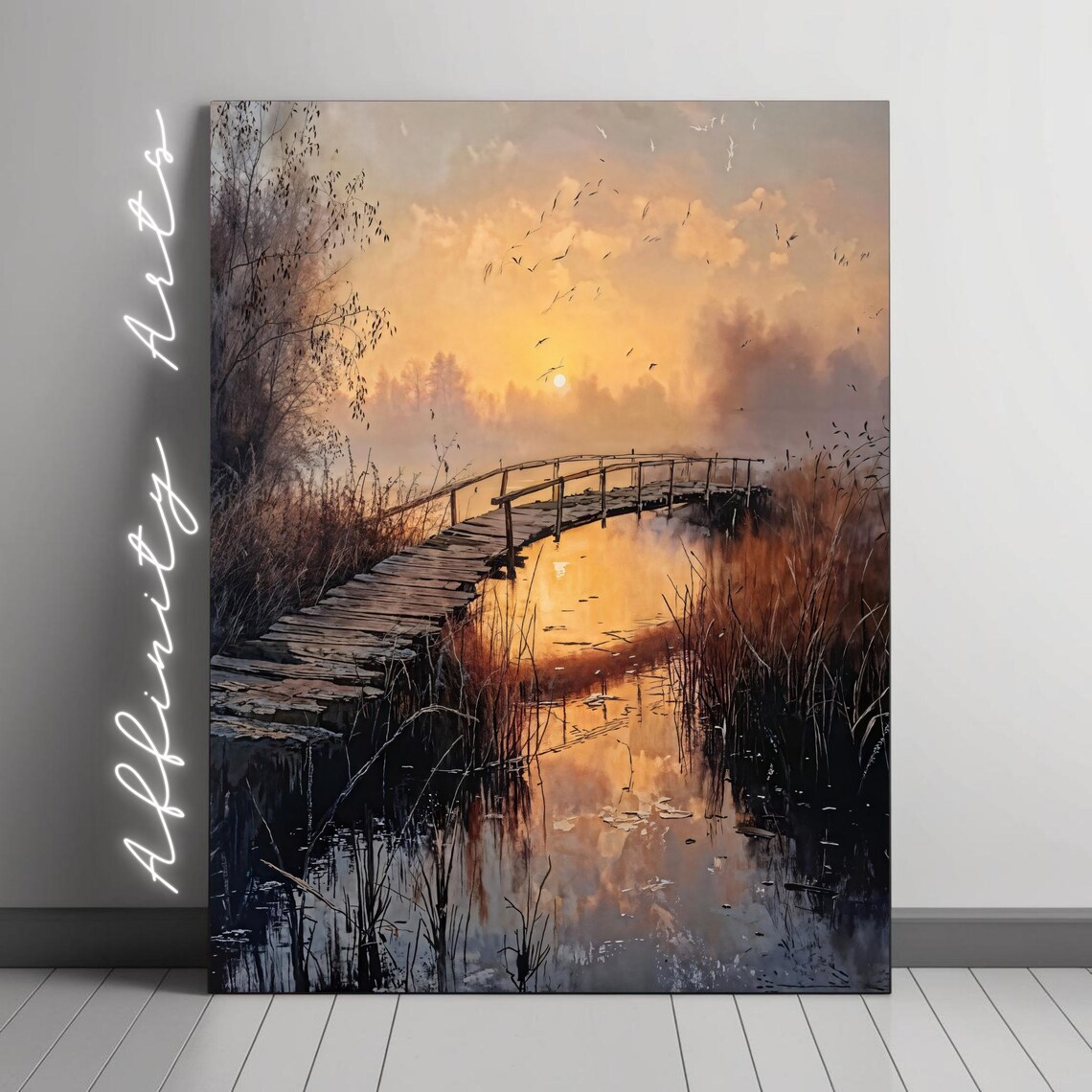 Sunset Landscape, Wooden Bridge Over Water