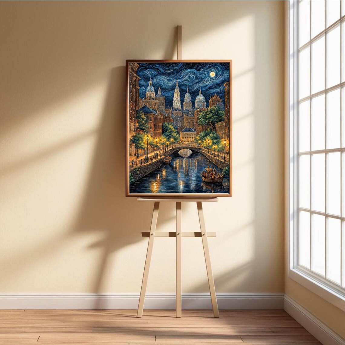 Starry Night Cityscape, Van Gogh Inspired Canal Scene - Image 6