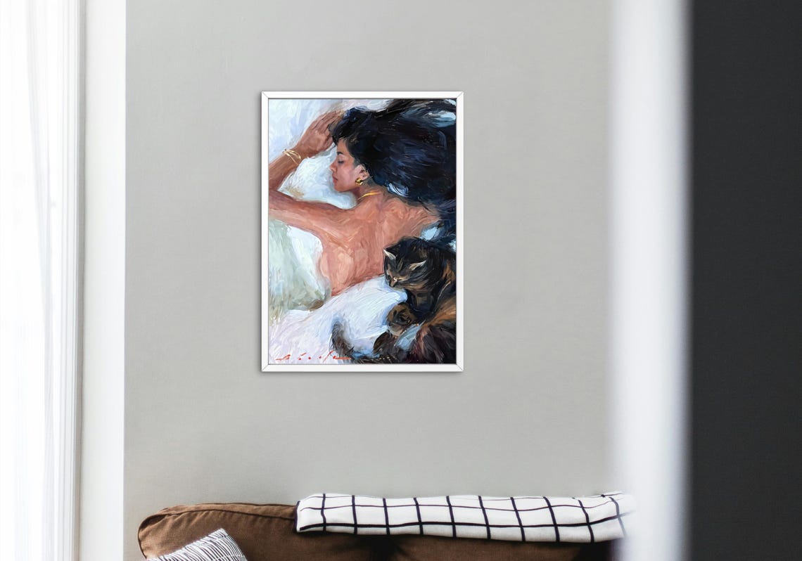 Woman And Cat Romantic Sleep Art Print - Image 5