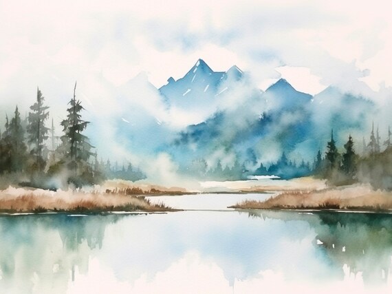 Wind River Range Art Print Foggy Rocky Mountains Watercolor Painting Foggy Mountains Landscape Wall Art Decor By Feelingprints