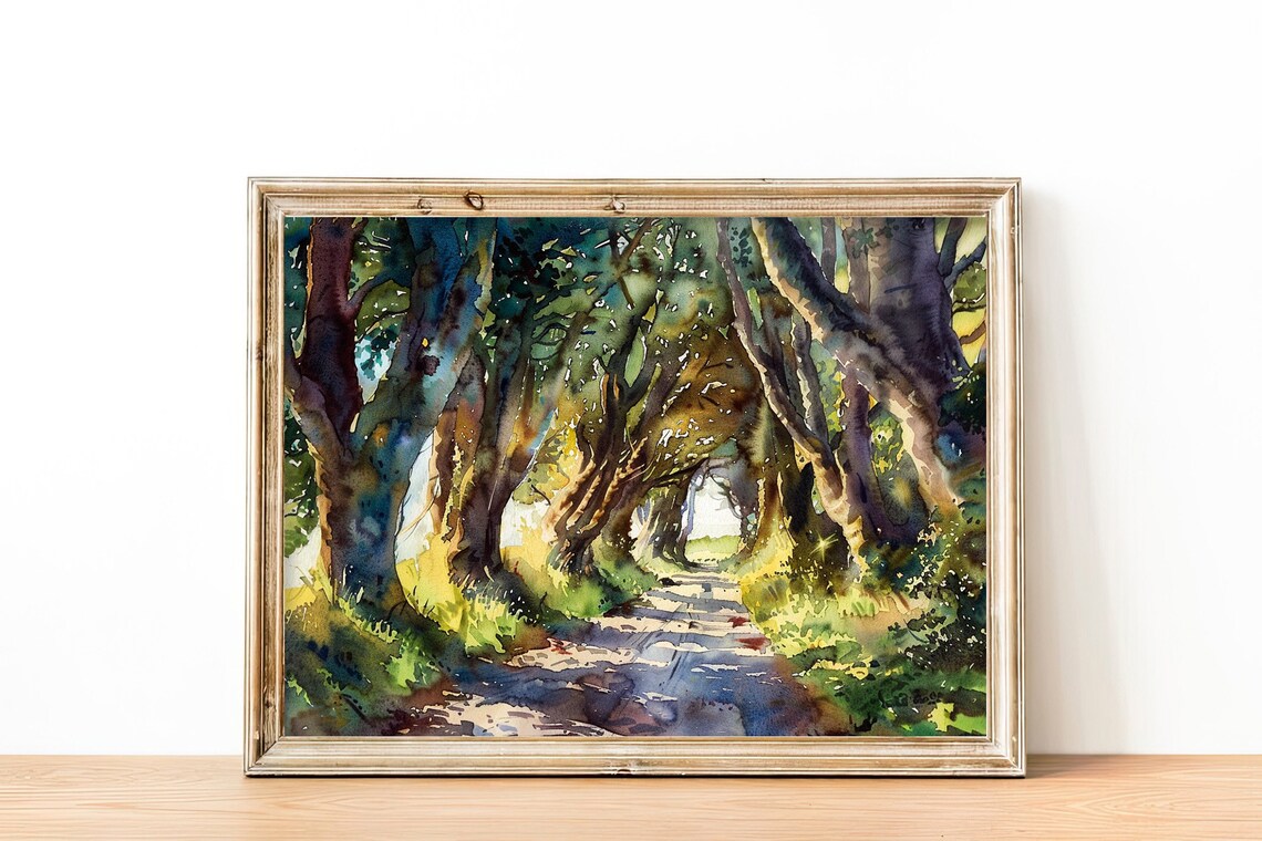 Dark Hedges Watercolor Art Print, Irish Landscape