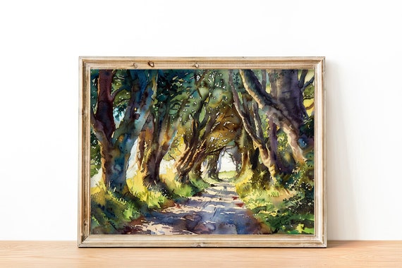 Dark Hedges Watercolor Art Print, Irish Landscape
