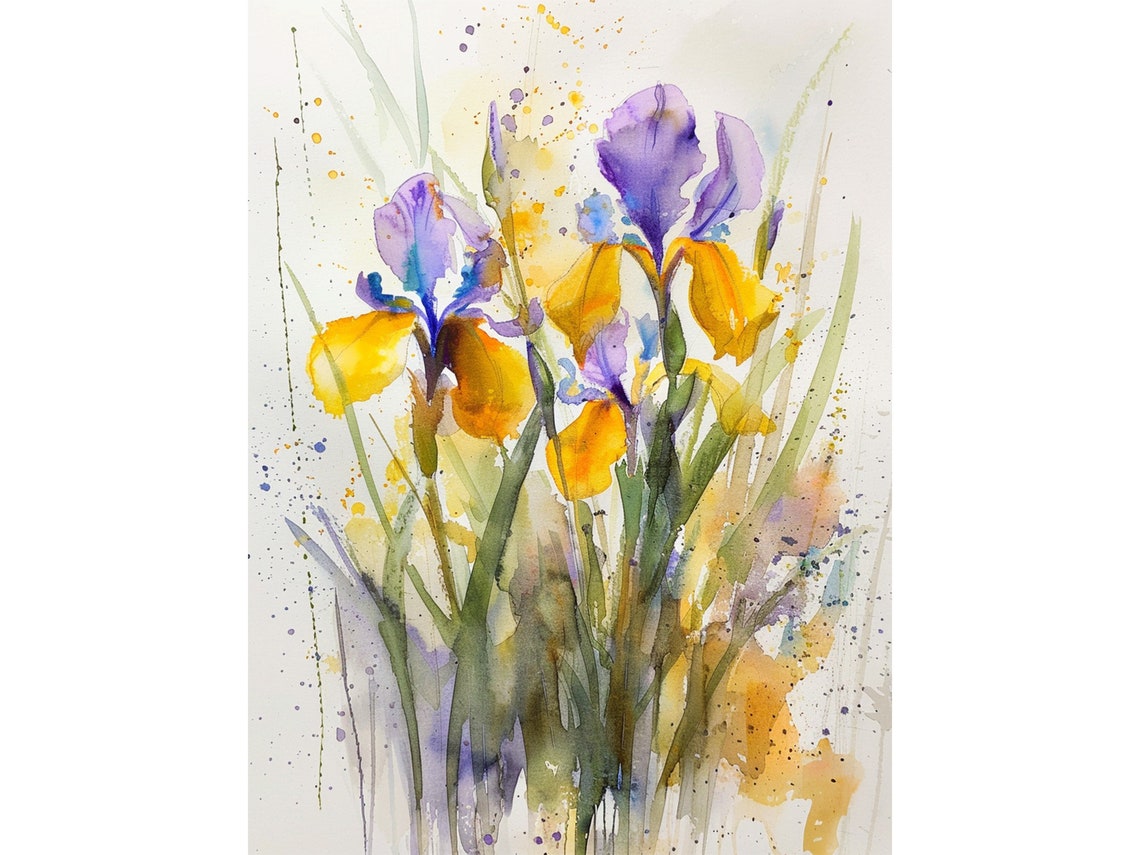 Purple Yellow Iris Flowers Watercolor Botanical Floral Wall Art
