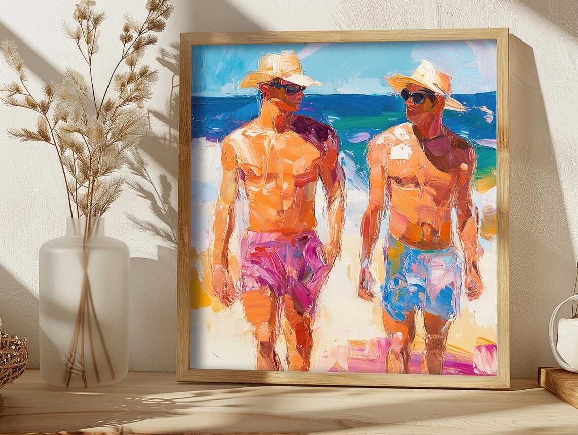 Two Men Beach Oil Painting Swimmers Sun Hats Summer Scene Poster - Image 5