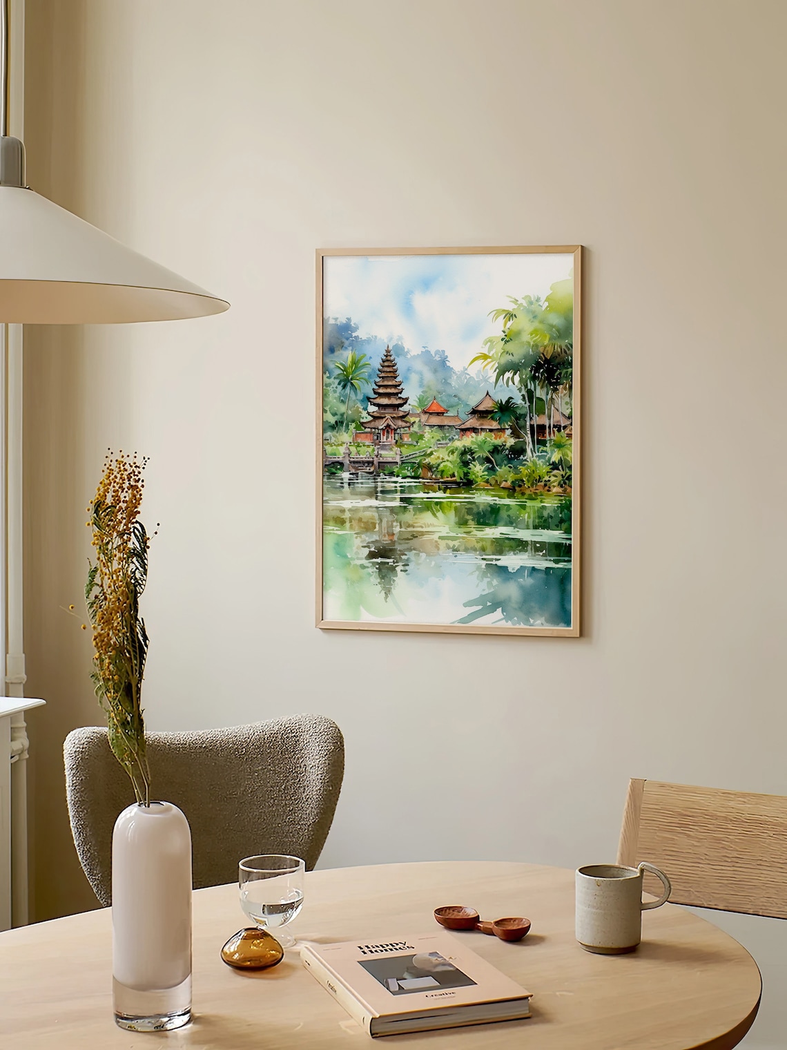 Bali Temple By The Water Tropical Palms Reflection Watercolor Poster - Image 3