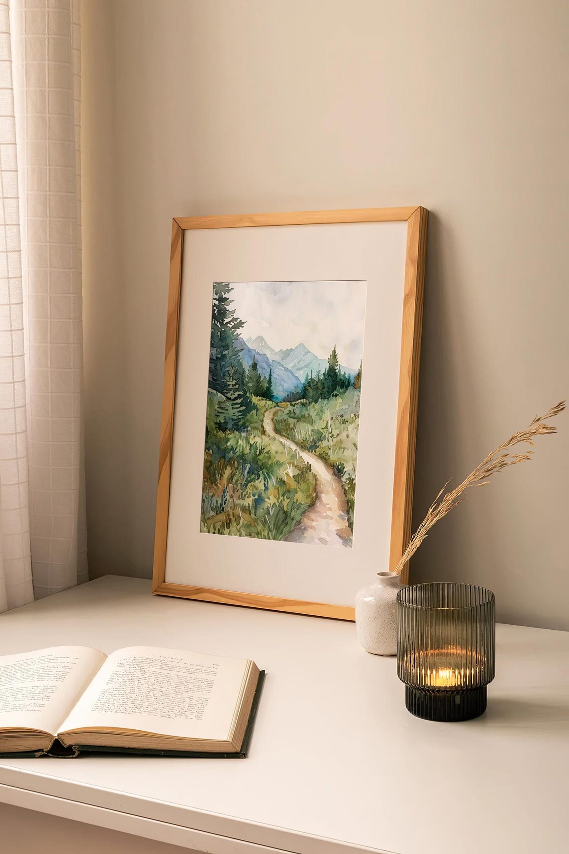 Columbia Gorge Watercolor Mountain Trail Pines Winding Path Poster - Image 2