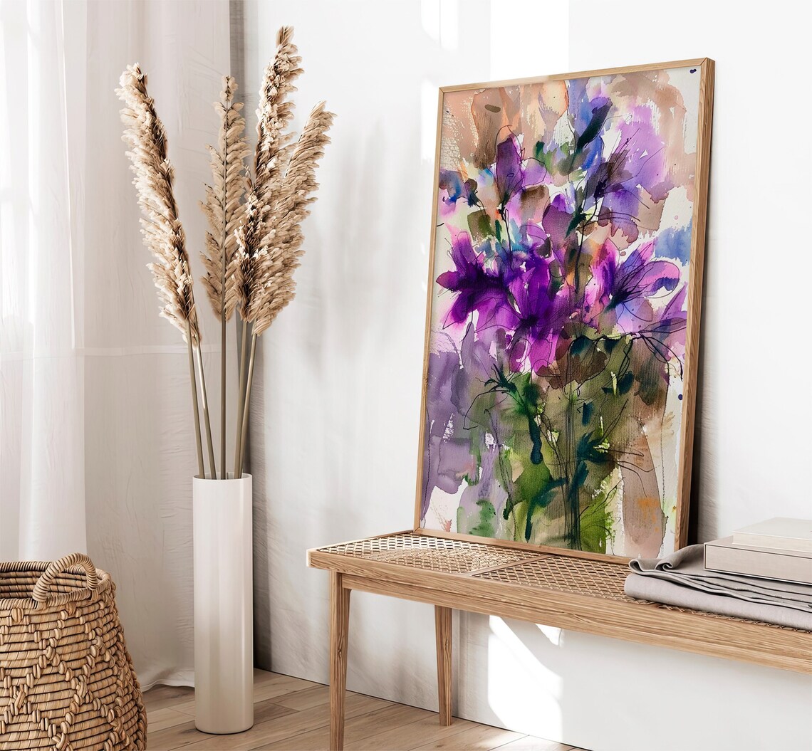 Violet Flowers Watercolor Art Print, Rustic Floral - Image 2