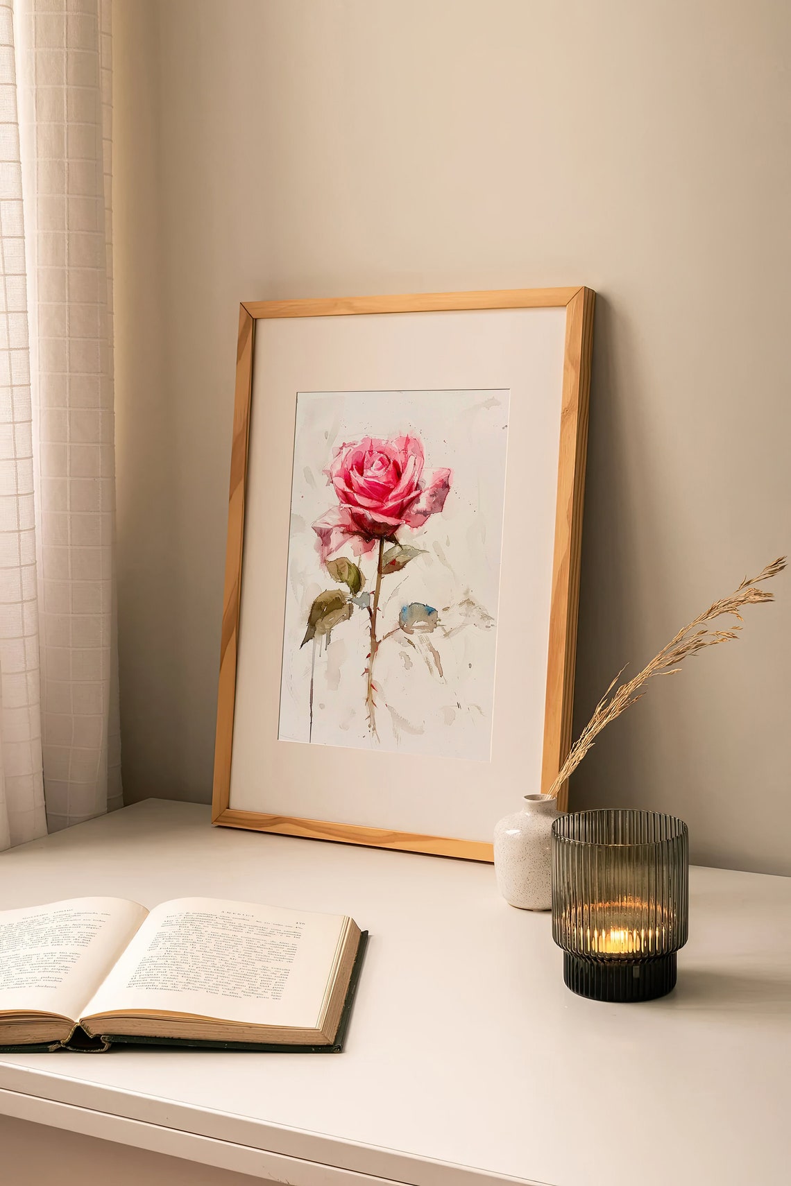 Pink Rose Watercolor Single Flower Minimalist Botanical Art Poster - Image 2