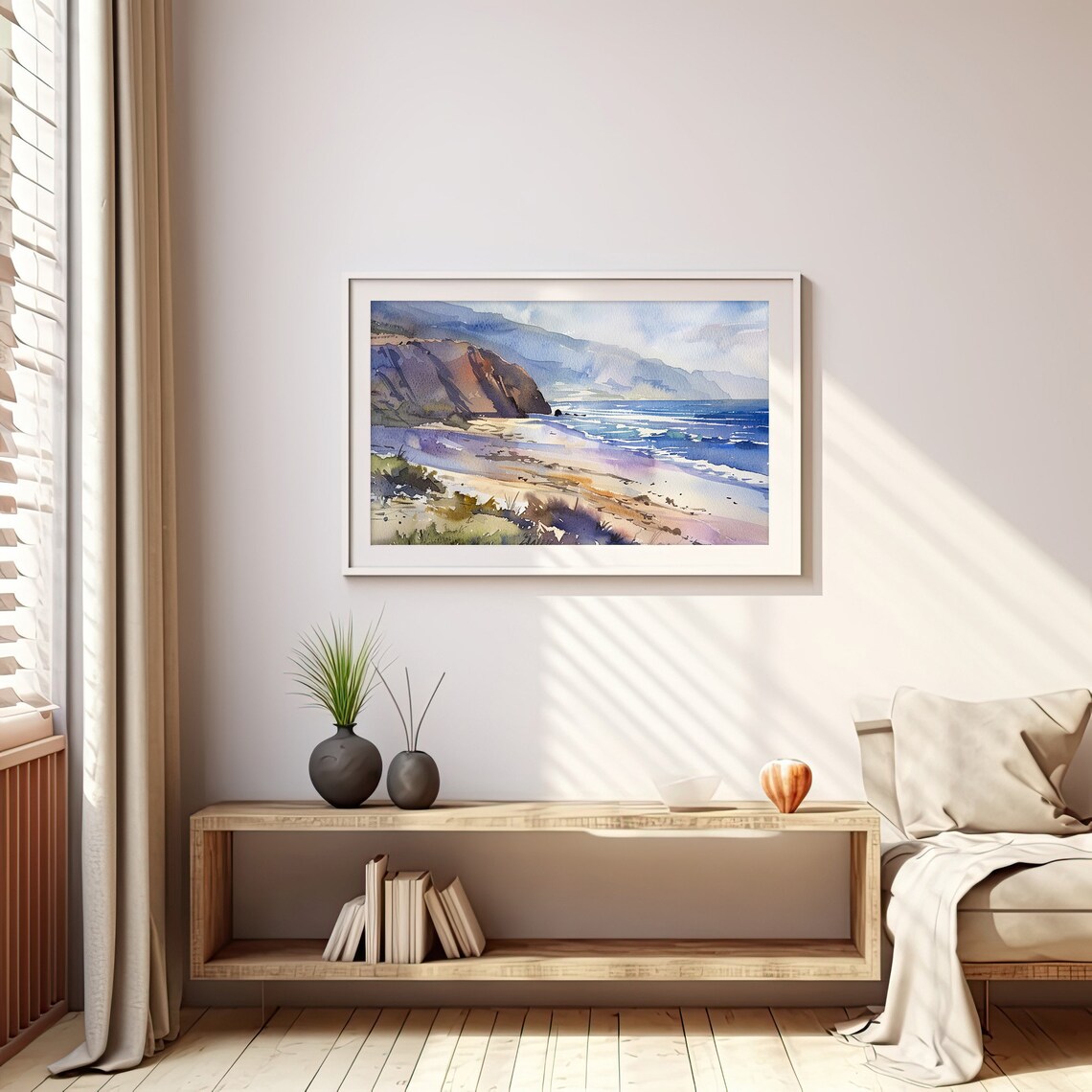 California Coastline Sandy Beach Rocky Cliffs Surf Watercolor Beach Poster - Image 3
