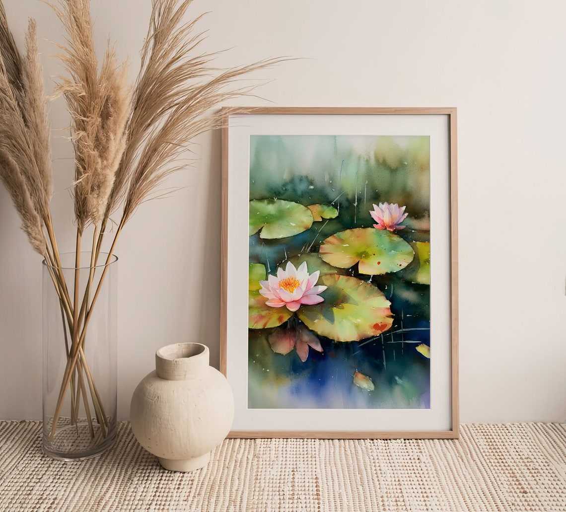 Pink Water Lily Pond Blossoms Watercolor Floral Scene Poster - Image 3