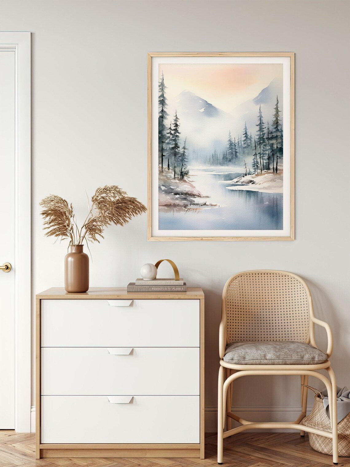 Alaska Winter Lake Misty Pines Snow Watercolor Landscape Poster - Image 3