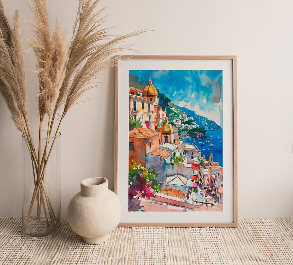 Positano Church Domes Amalfi Coast Watercolor Italy Seaside Poster - Image 3
