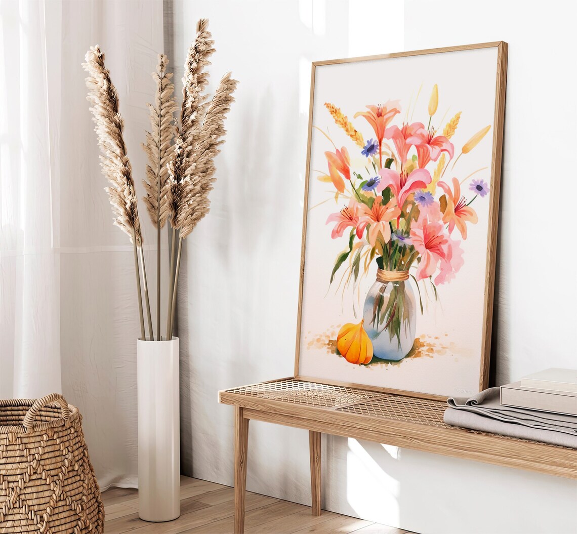 Pink Lilies Bouquet Glass Vase Autumn Watercolor Floral Still Life Poster - Image 3