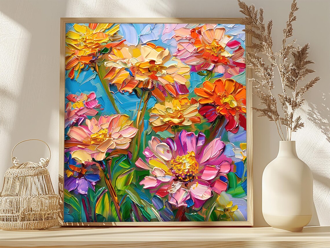 Zinnia Flowers Oil Painting Colorful Impasto Floral Garden Poster - Image 3
