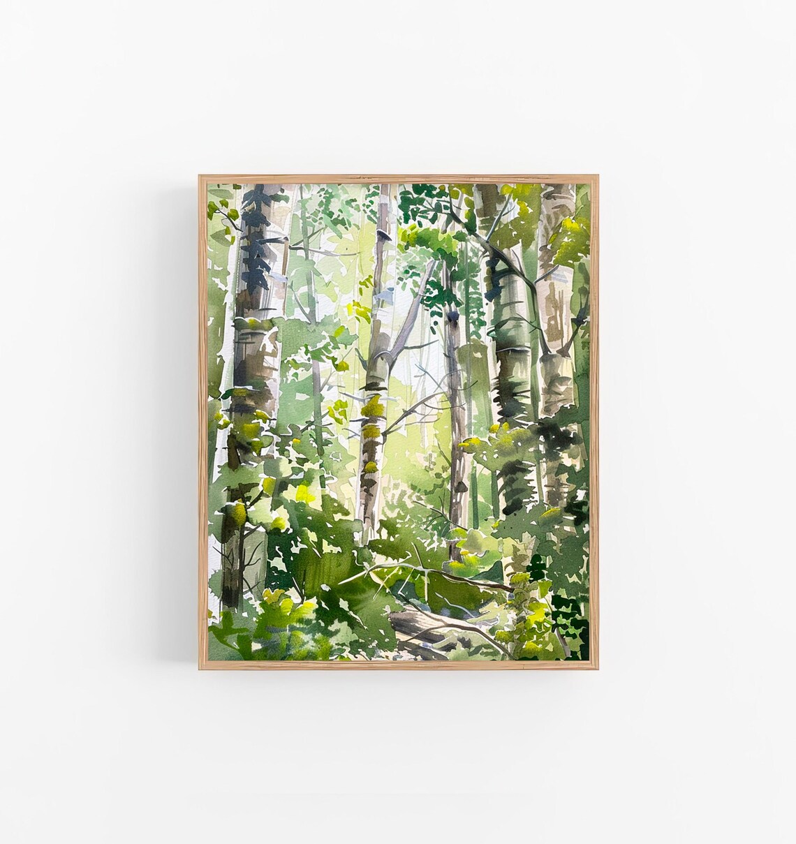 Aspen Birch Forest Sun Dappled Woodland Watercolor Scene Poster