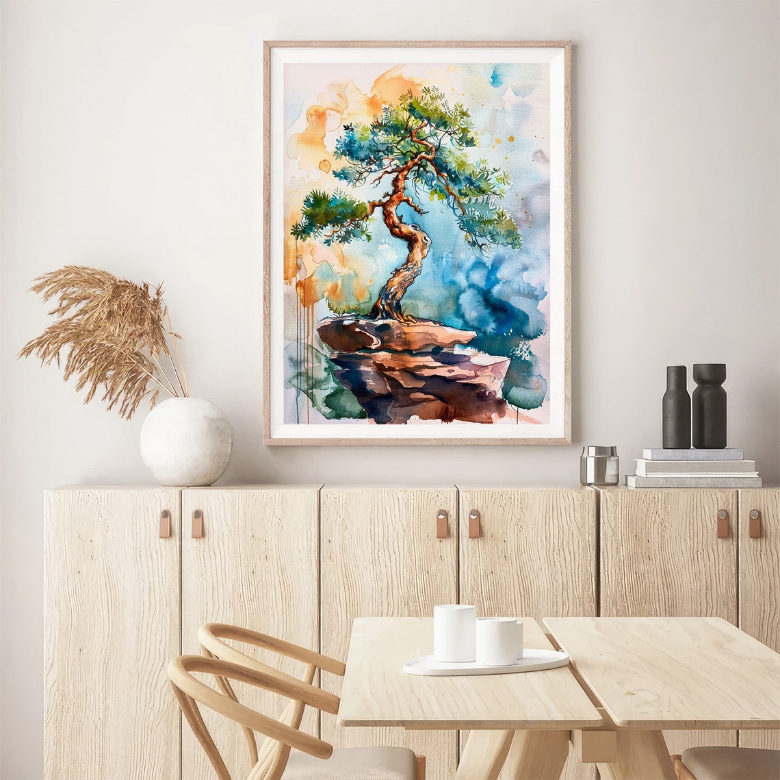 Bonsai Pine Tree On Rocky Perch Zen Watercolor Botanical Art Poster - Image 5