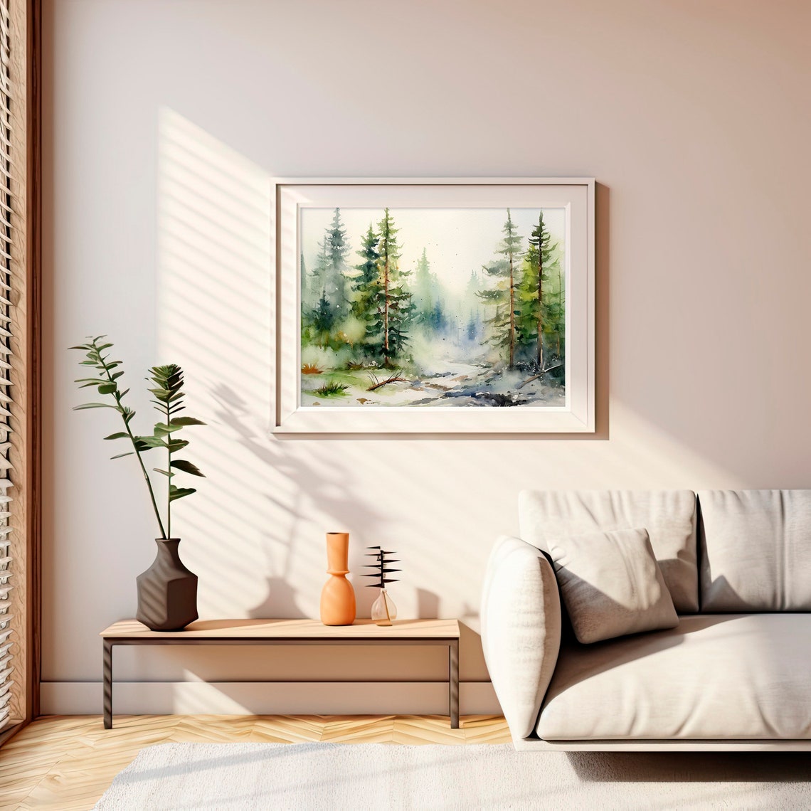 Rocky Mountain Misty Pine Forest Stream Morning Watercolor Poster - Image 2
