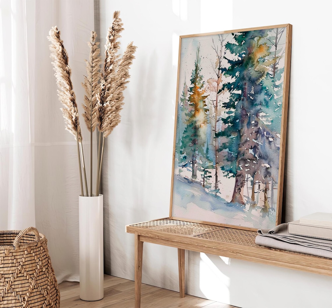 Winter Pine Forest Watercolor Painting Art Print - Image 2